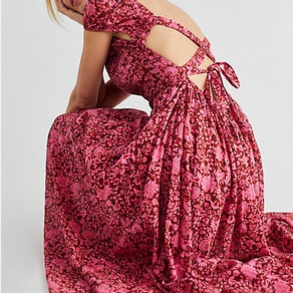 Free People Ultraviolet Burgundy Floral Lace-Up Maxi Dress NWT $148 - Picture 10 of 10